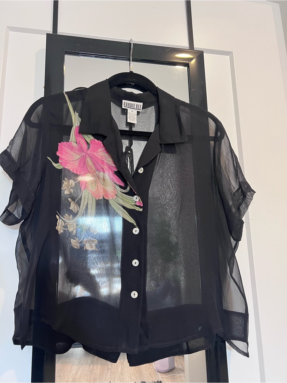 Robbie Bee Black Sheer Silk Button-Down Top with Pink Orchid Accent